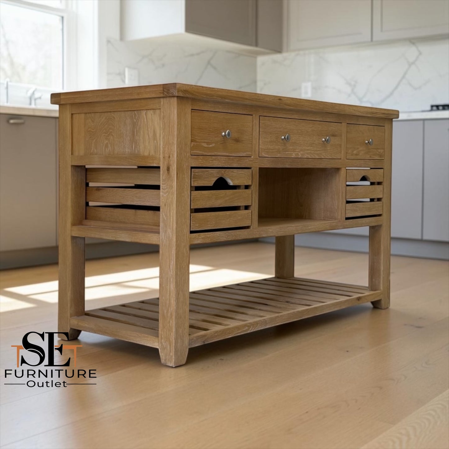 Whitewashed Finish Solid Oak & Oak Veneer Kitchen Island with Marble Top, Inglesham Range RRP £1399