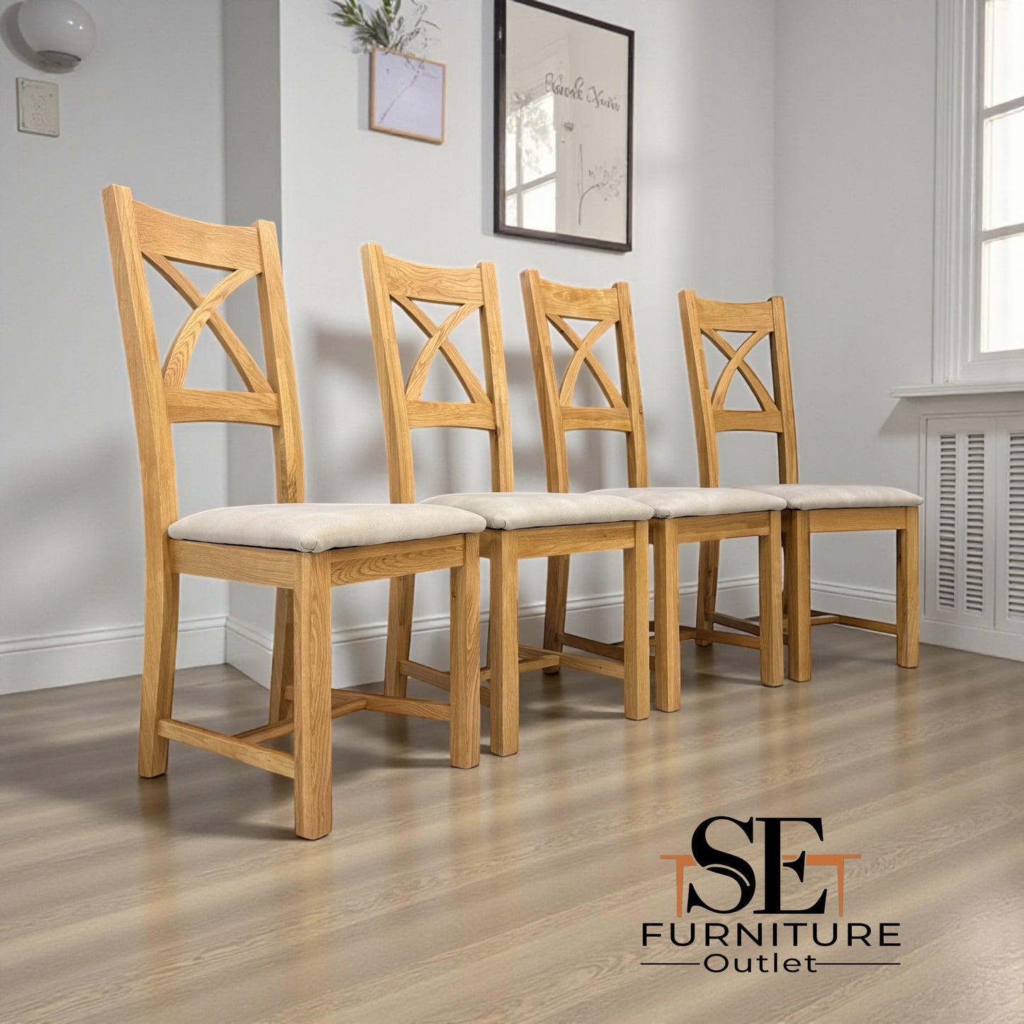 Set of 4 Natural Oak Dining Chairs, Cross Back Range From Oak Furnitureland RRP £200 Each