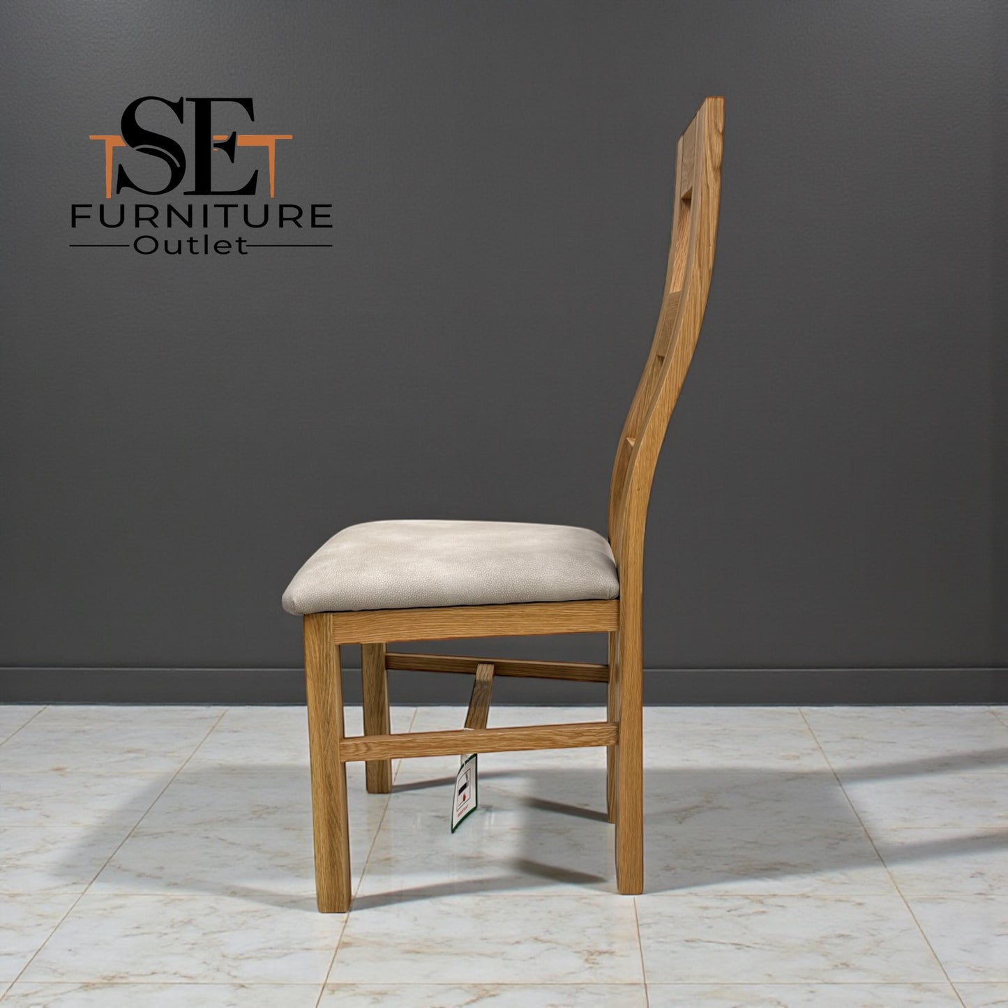 Set of 6 Natural Solid Oak Dining Chairs with Dappled Beige Fabric Seat Pads, From Oak Furnitureland RRP £200 Each