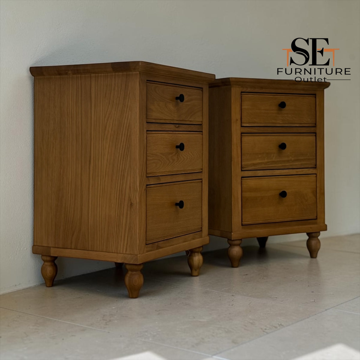 Set of 2 Solid Oak & Oak Veneer 3 Drawer Bedside Tables , Elkstone Mellow Oak Range, RRP £558