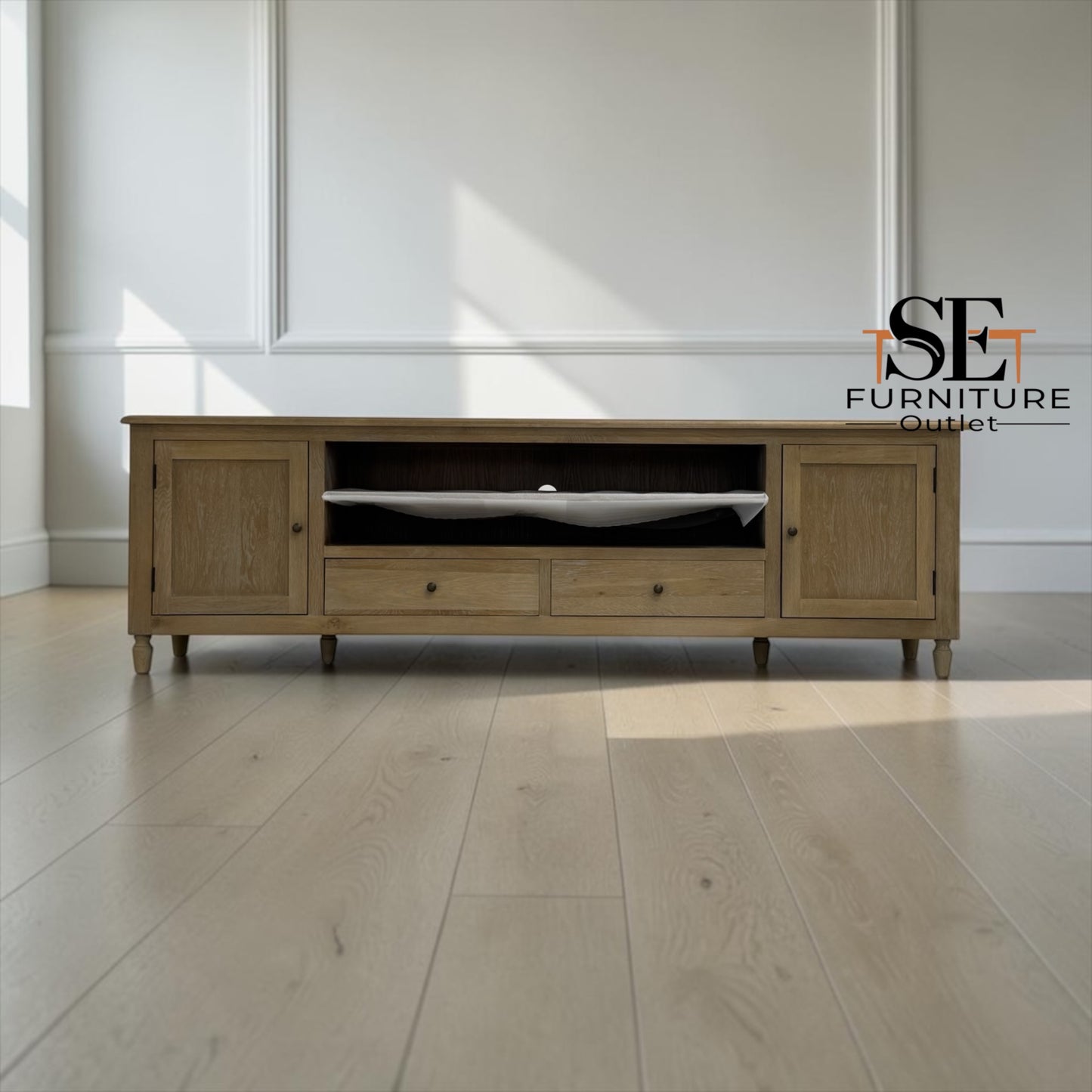 Grey-toned Limewashed Finish Solid Oak and Quality Oak Veneer XXL Tv Stand Fits up to 90", Camille Range RRP £1099