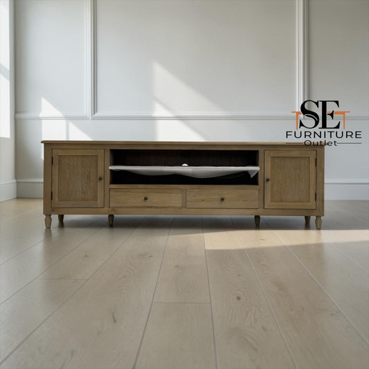 Grey-toned Limewashed Finish Solid Oak and Quality Oak Veneer XXL Tv Stand Fits up to 90", Camille Range RRP £1099