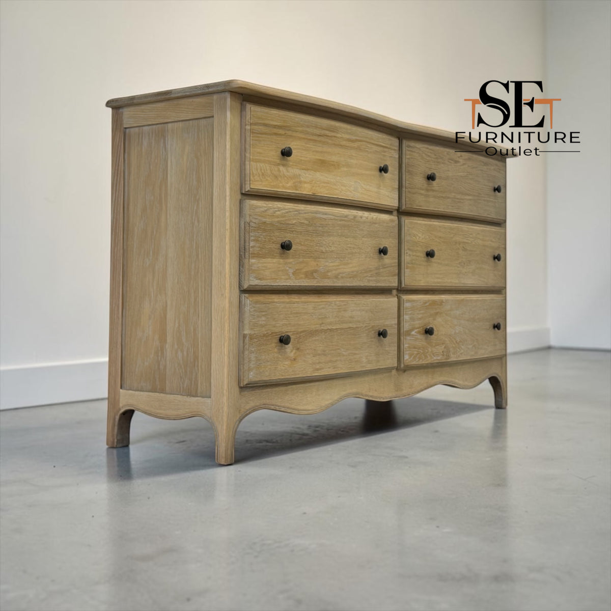 Grey-toned Limewashed Finish Solid Oak and Oak Veneer 6-Drawer Chest, Camille Range RRP £999