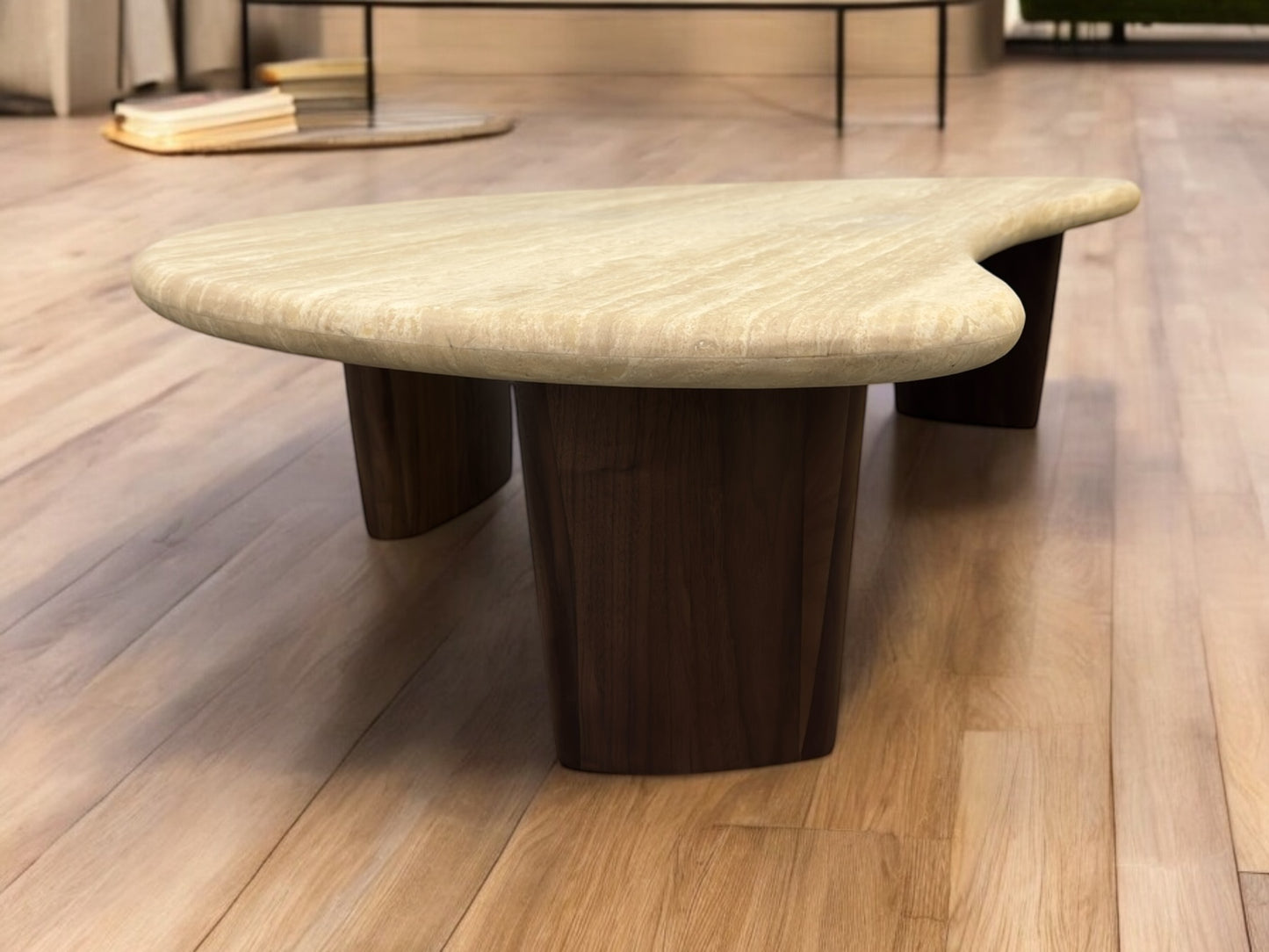 Solid Walnut legs & Natural Travertine Stone Coffee Table in the Shape of a Crescent Moon RRP £1199