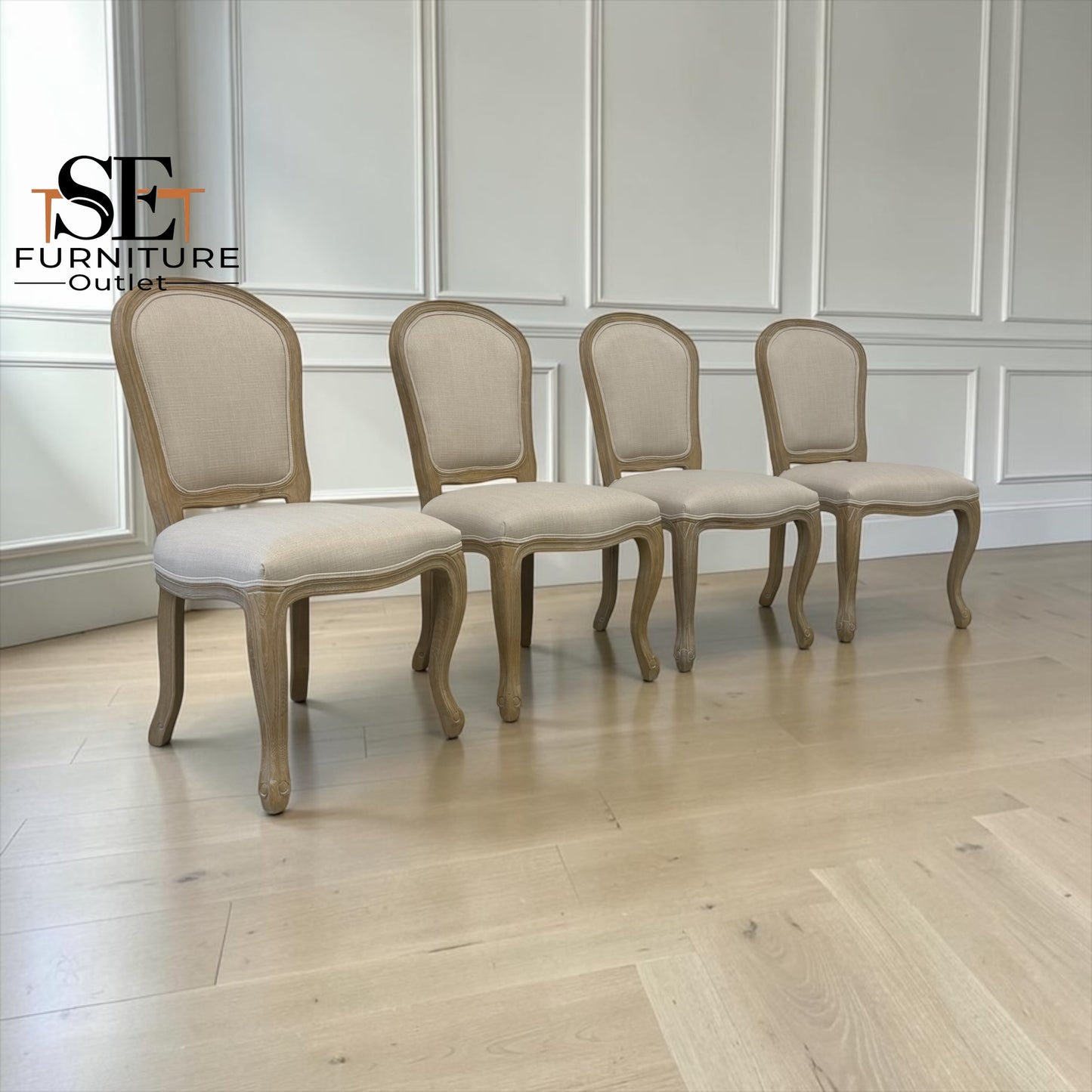 Set of 4 Grey-toned Limewashed Finish Solid Oak Frame Dining Chairs, Camille Range RRP £1200
