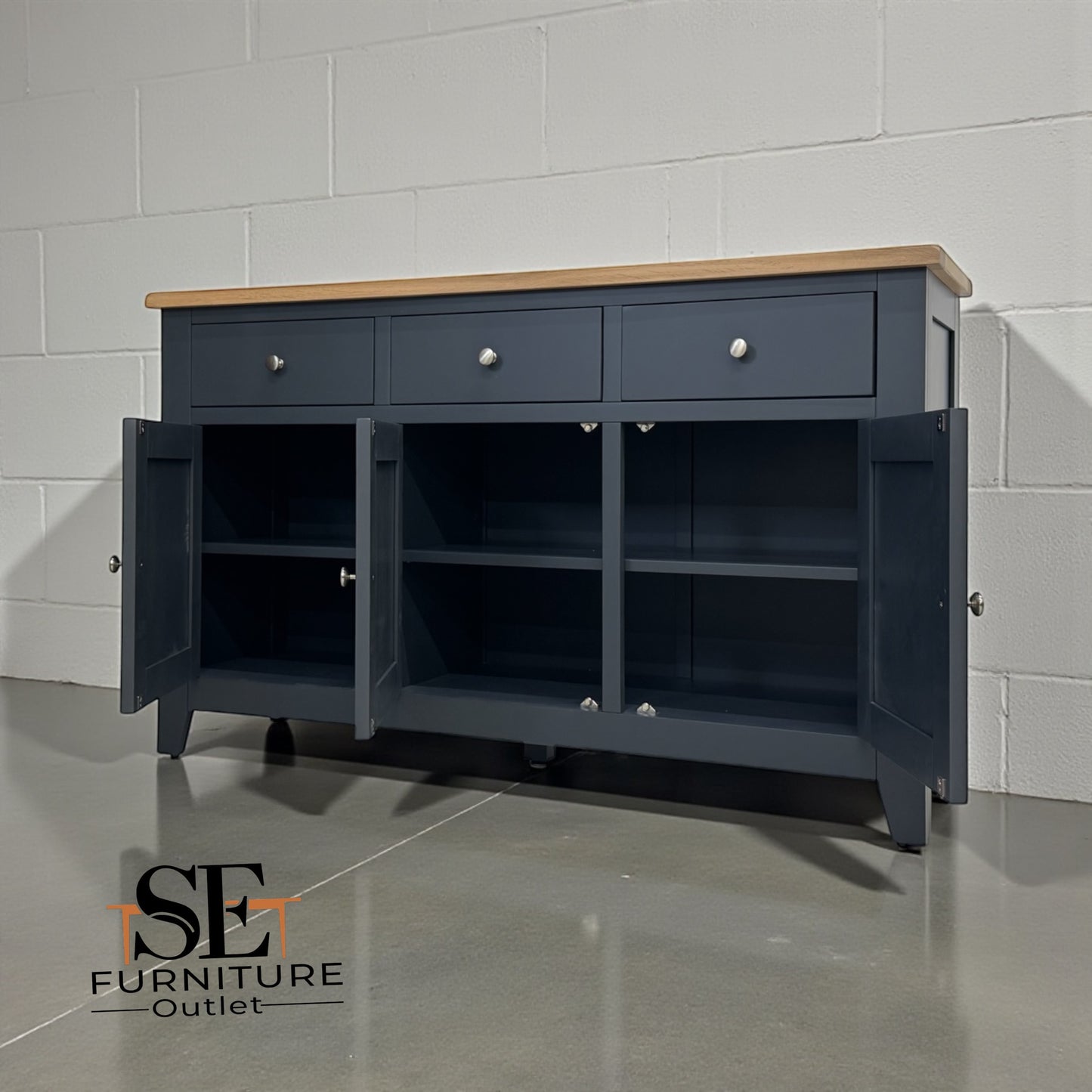 White Wax Finished Quality Oak Top & Solid Wood Frames Sideboard, Chester Charcoal Range RRP £650