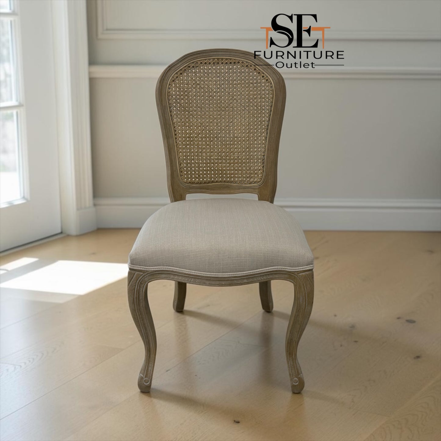 Set of 4 Grey-toned Limewashed Finish Solid Oak Rattan Back Dining Chairs, Camille Range RRP £1196