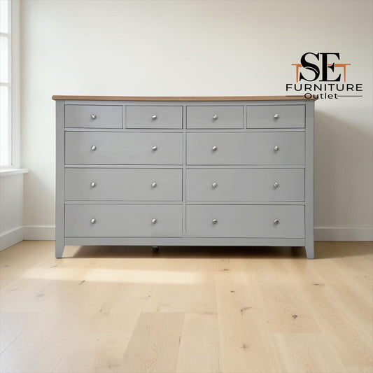 White Wax Finished Oak Top & Solid Wood Frames 10 Drawer Chest, Chester Dove Grey Range RRP £1099