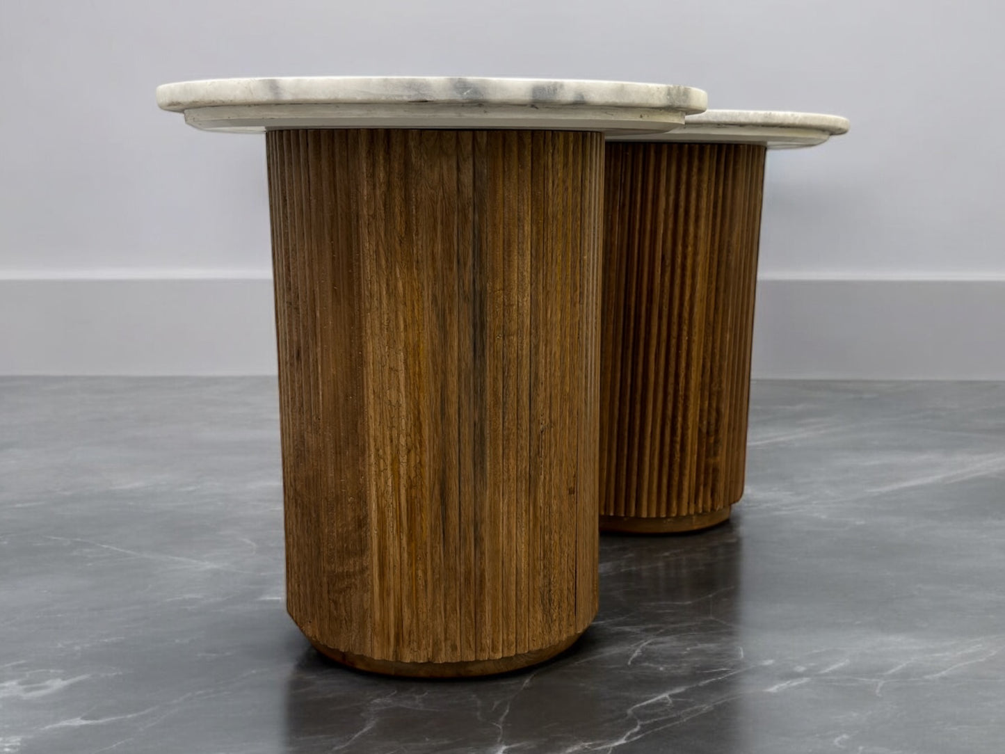 Solid Mango Wood Fluted Base & White Marble Top Side Tables