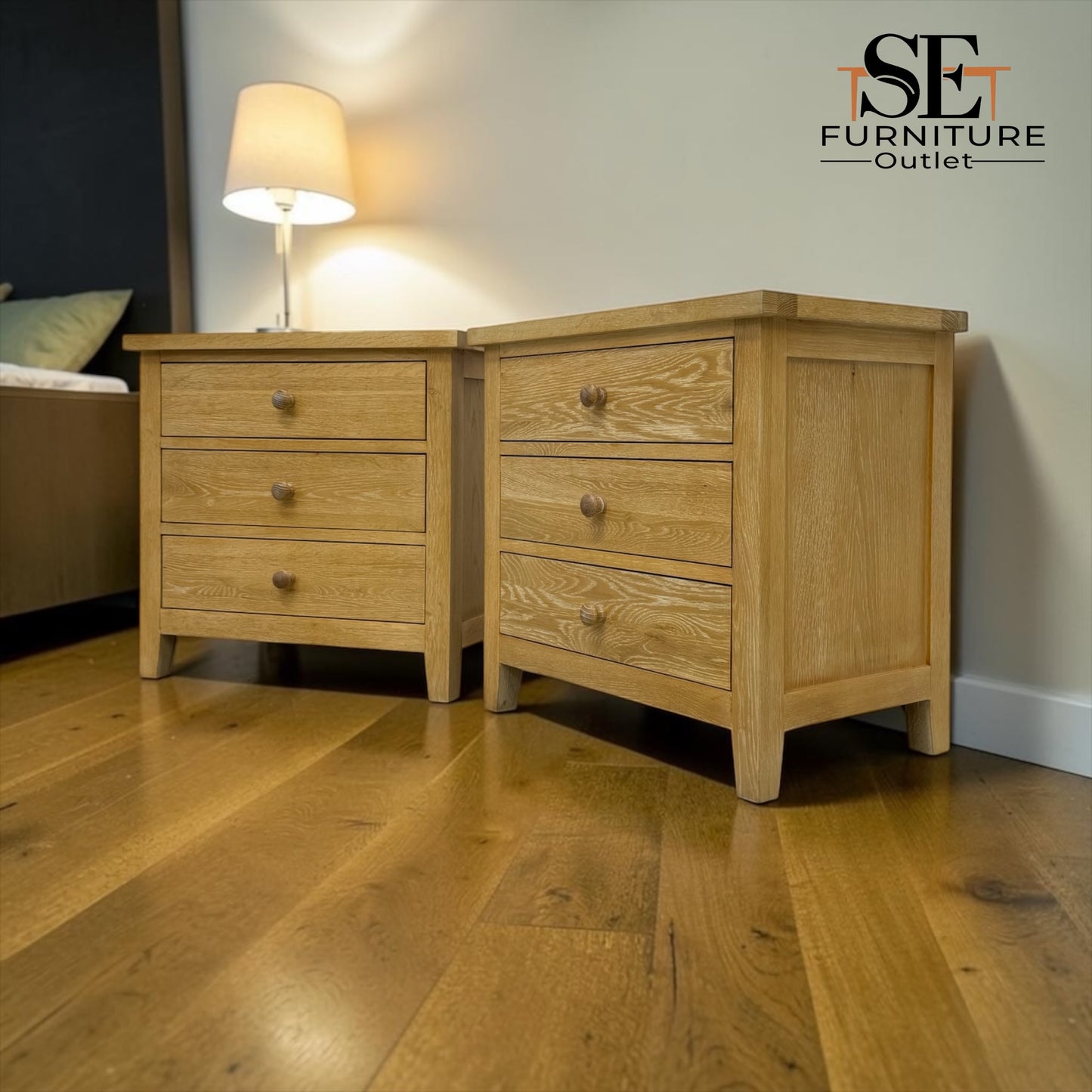 Set of 2 Whitewashed Oak Jumbo Bedside Tables from the Inglesham Range, RRP £700