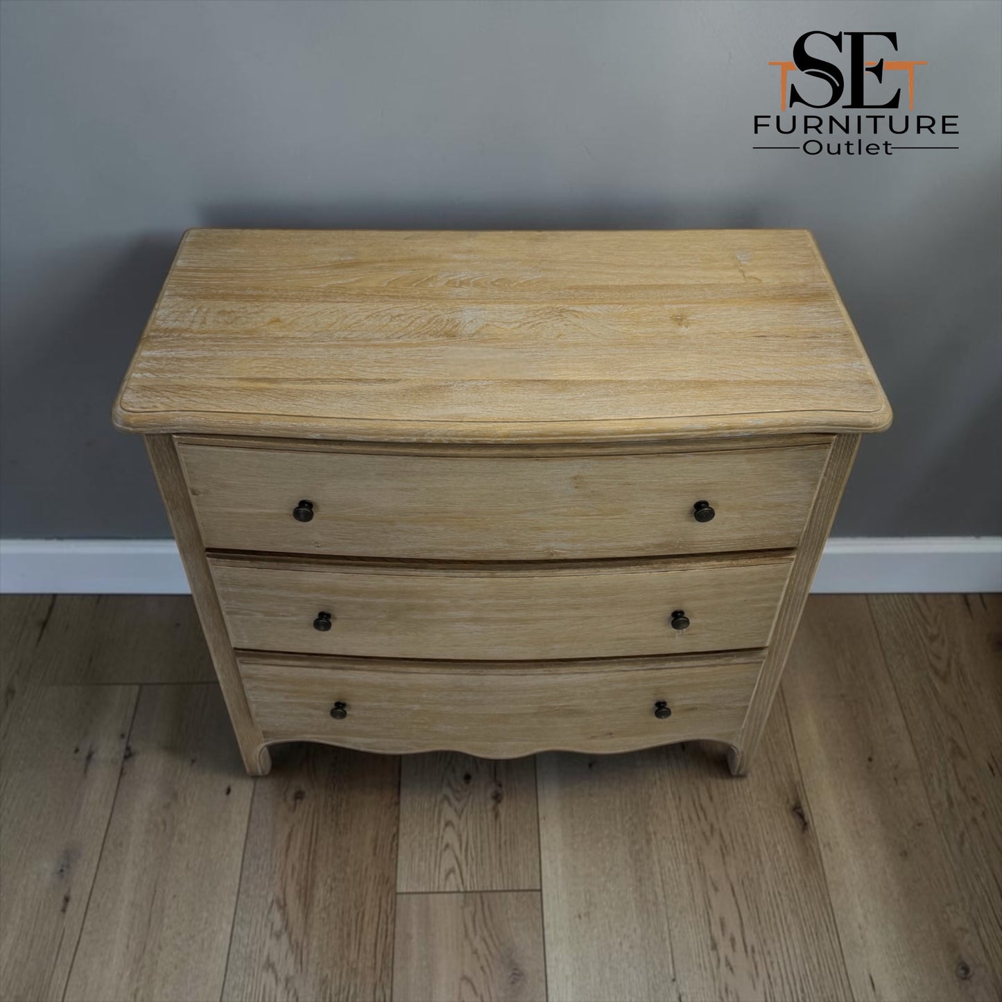 Solid Oak Frame Limewashed Finish 3 Drawer Chest, Camille Limewash Range RRP £799