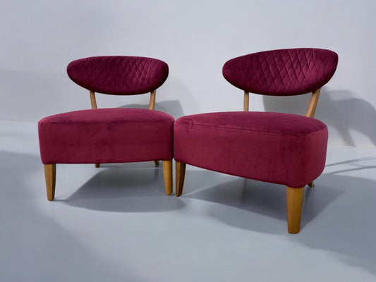 Pair Of Crimson Velvet Fabric Casual Chairs With Solid Oak Frame