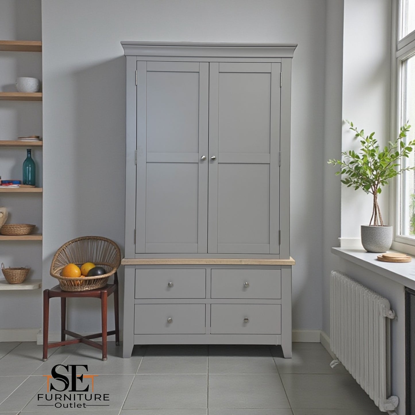 Solid Oak Top & Solid Wood Frames Double Larder, Chester Dove Grey RRP £1499