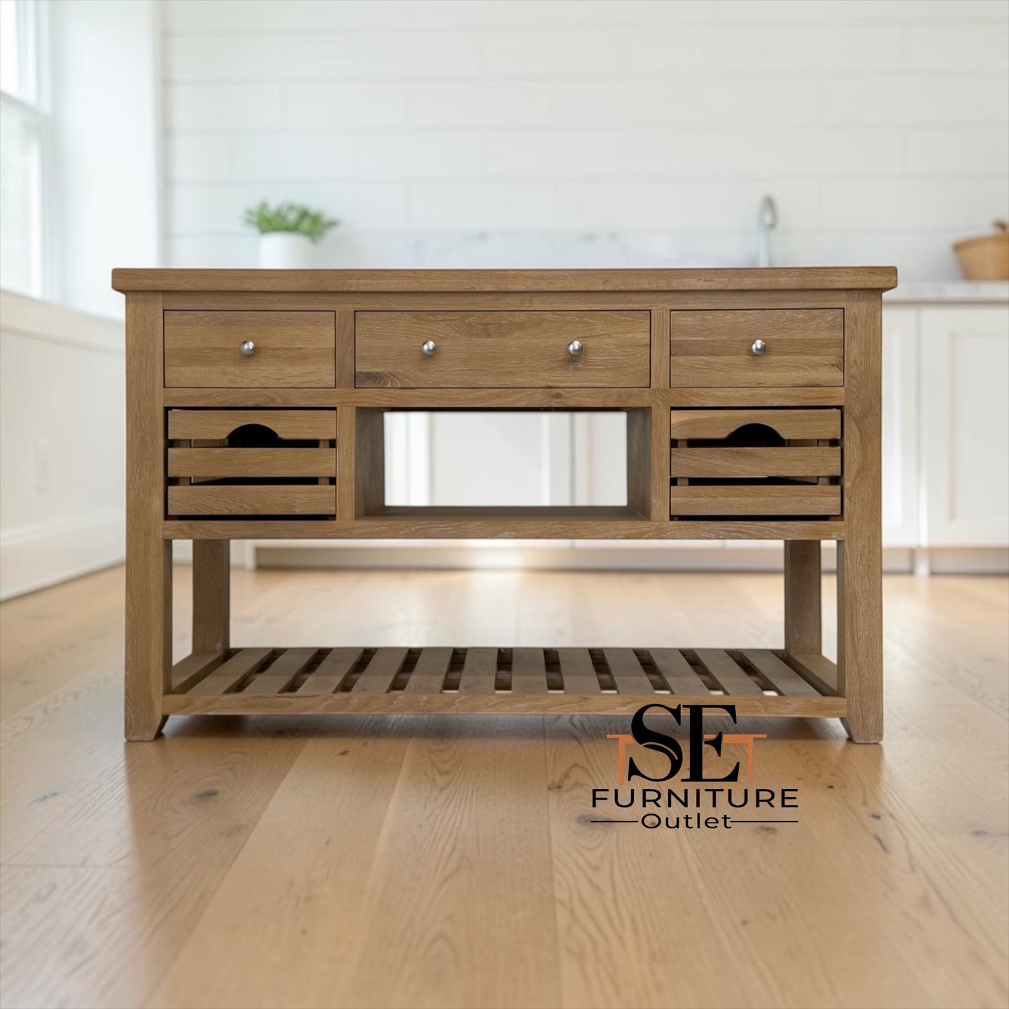 Whitewashed Finish Solid Oak & Oak Veneer Kitchen Island with Marble Top, Inglesham Range RRP £1399