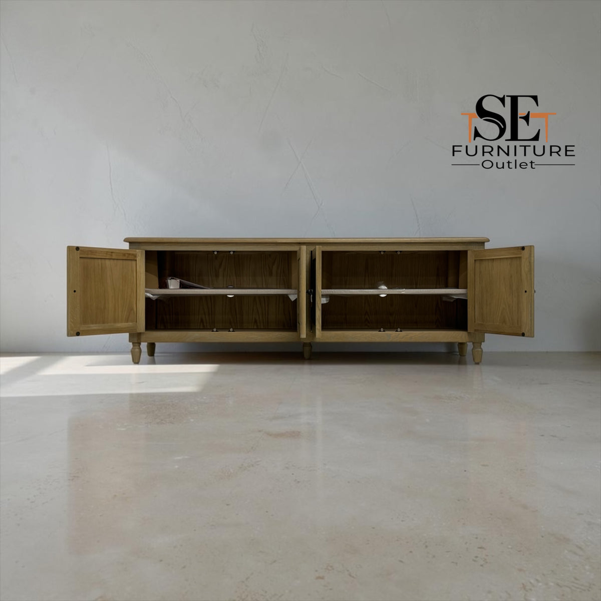 Grey-toned Limewashed Finish Solid Oak and Quality Oak Veneer Media TV Console Fits up to 75", Camille Range RRP £999