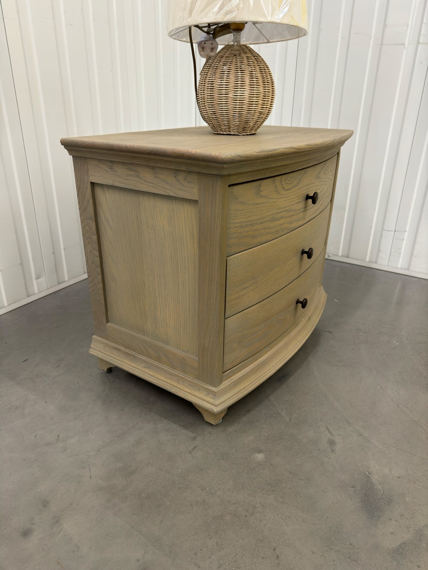 Smoked Oak 3 Drawer Wide Bow Fronted Bedside Table RRP £399