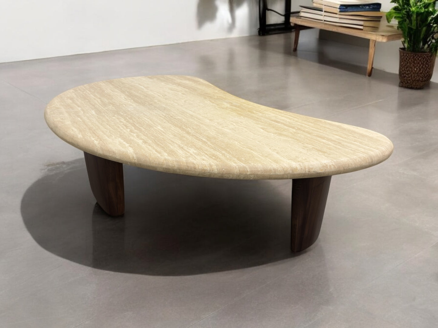 Solid Walnut legs & Natural Travertine Stone Coffee Table in the Shape of a Crescent Moon RRP £1199