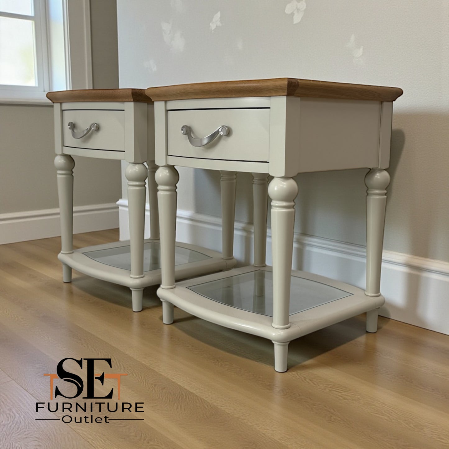 Bentleys Solid Oak & White Painted Bedside Tables With Glass Shelf RRP £624