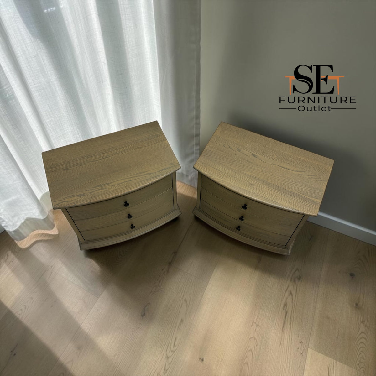 Set of 2 Solid Oak & Oak Veneer Wide Bedside Tables from the Winchcombe Smoked Oak Range, RRP £998