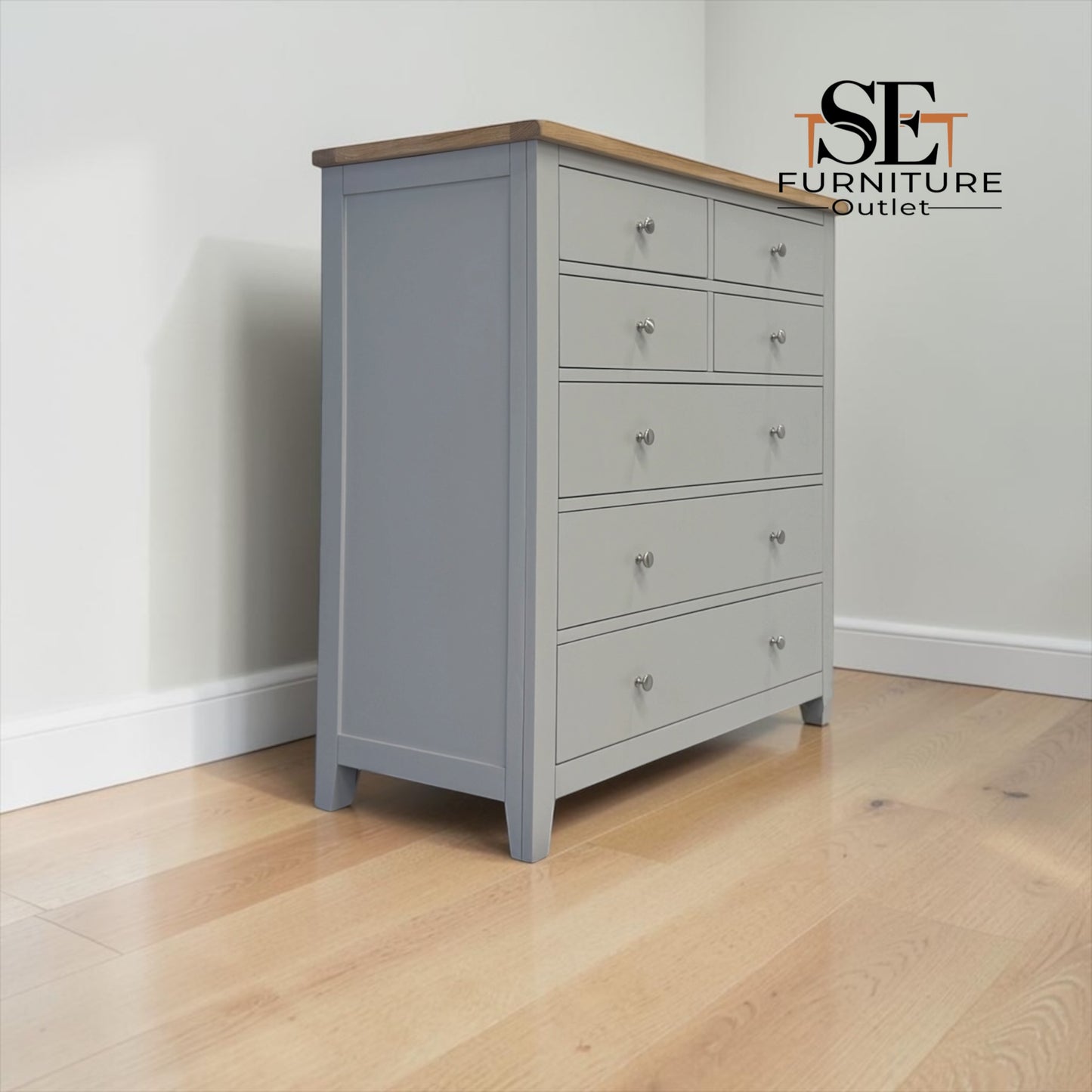 Solid Oak Top & Solid Wood Frames 7 Drawer Chest, Chester Dove Grey Range RRP £799