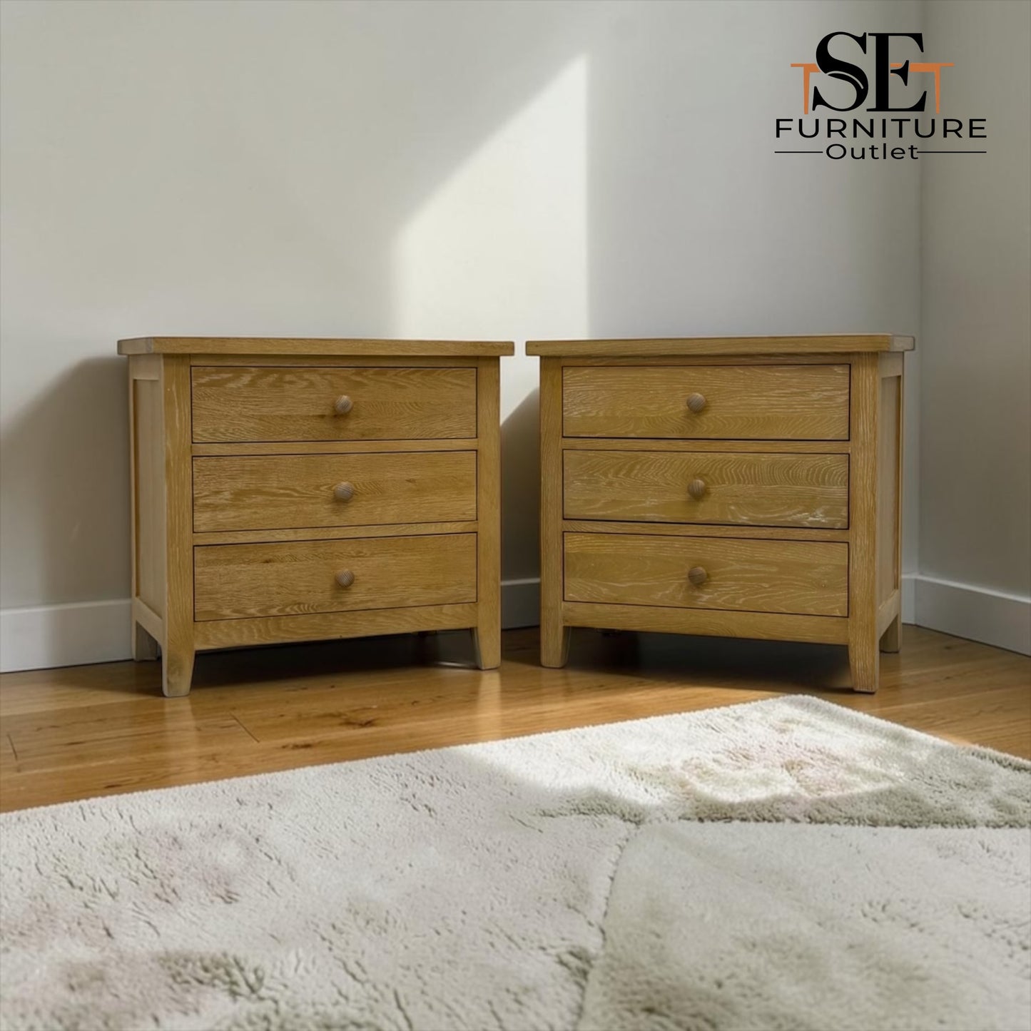 Set of 2 Whitewashed Oak Jumbo Bedside Tables from the Inglesham Range, RRP £700