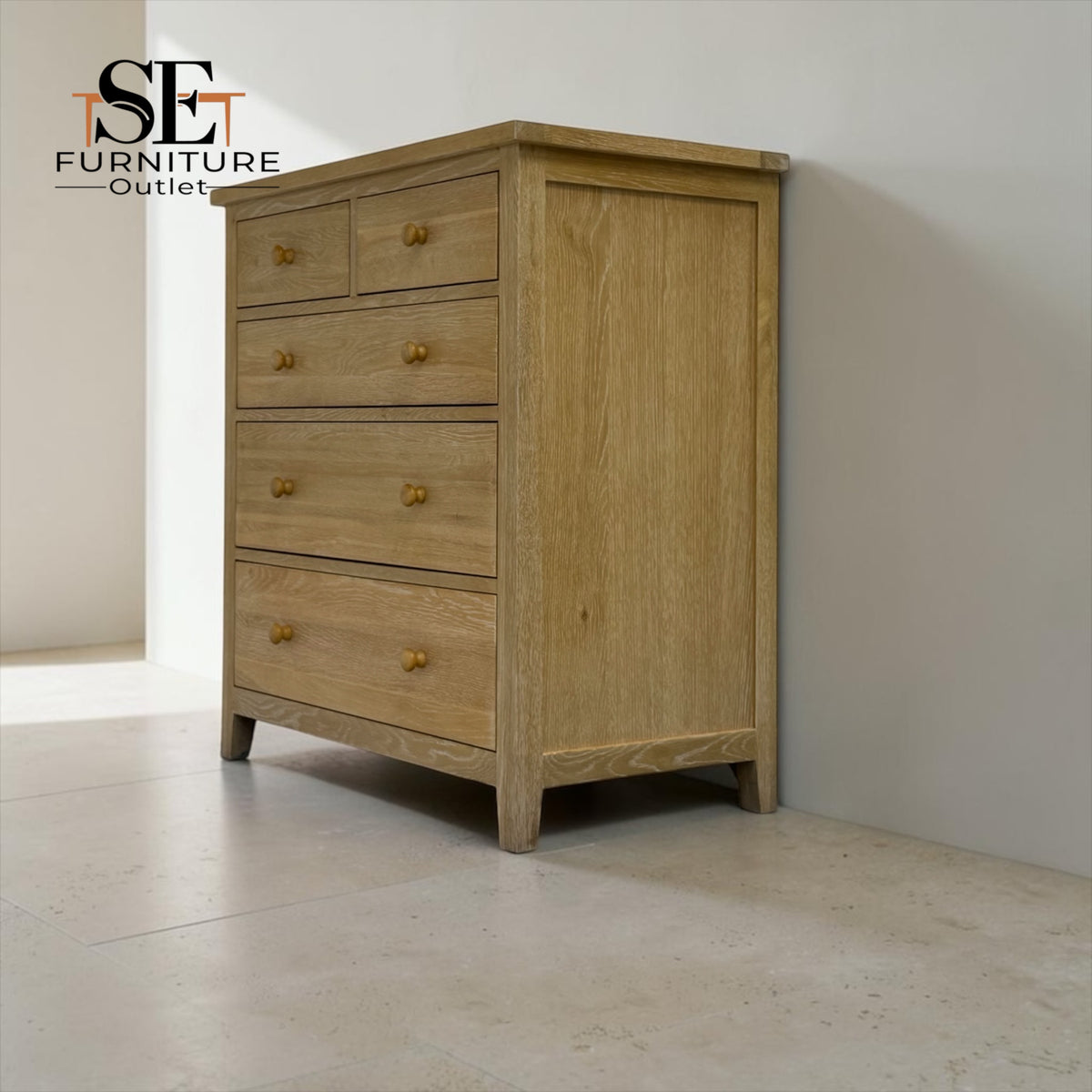 Whitewashed Finish Solid Oak & Quality Oak Veneer 5 Drawer Chest, Inglesham Range, RRP £599
