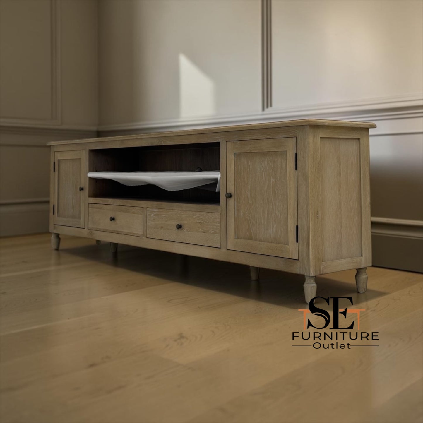 Grey-toned Limewashed Finish Solid Oak and Quality Oak Veneer XXL Tv Stand Fits up to 90", Camille Range RRP £1099