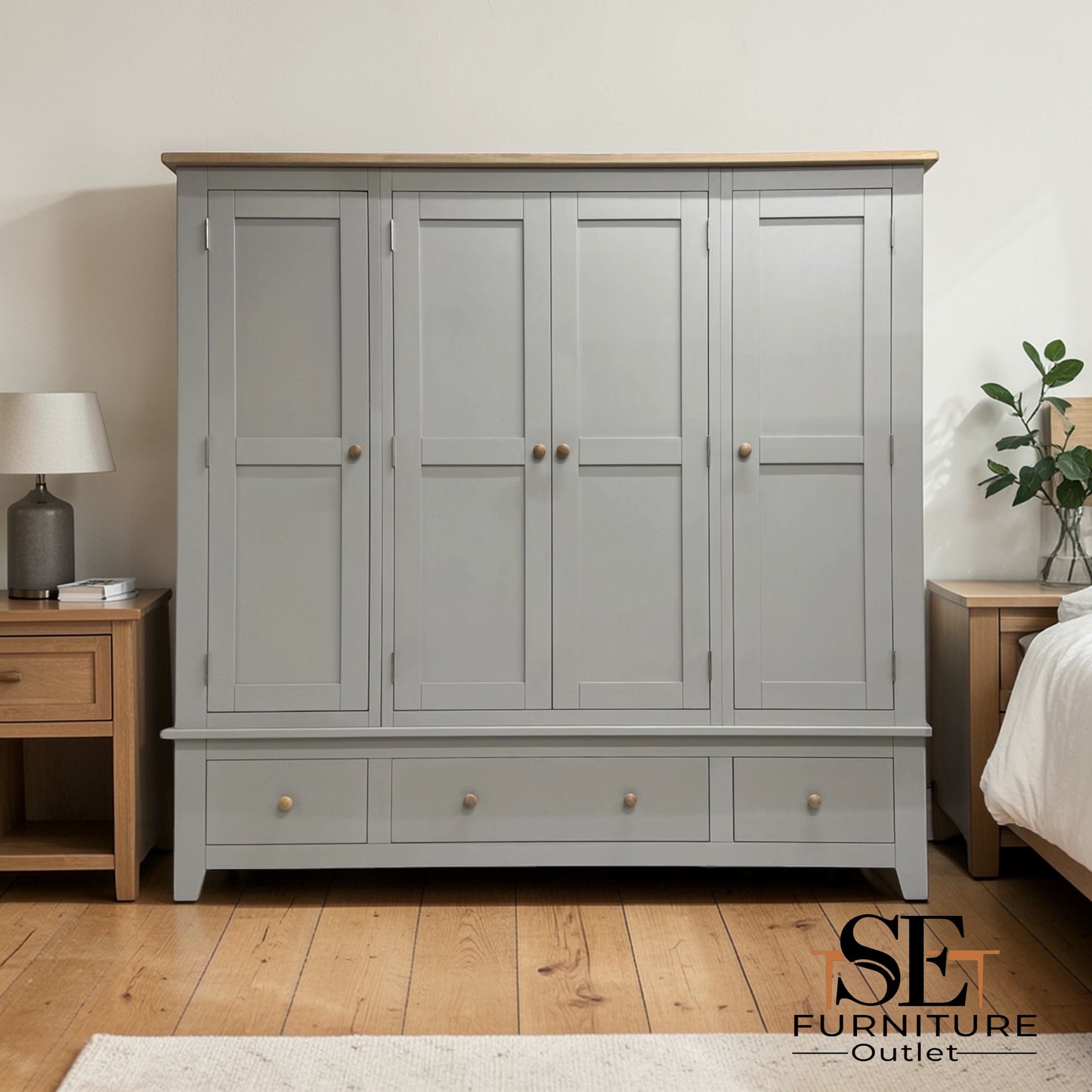 Solid Oak Top & Solid Wood Frames Quad Wardrobe, Chester Dove Grey Range RRP £1799