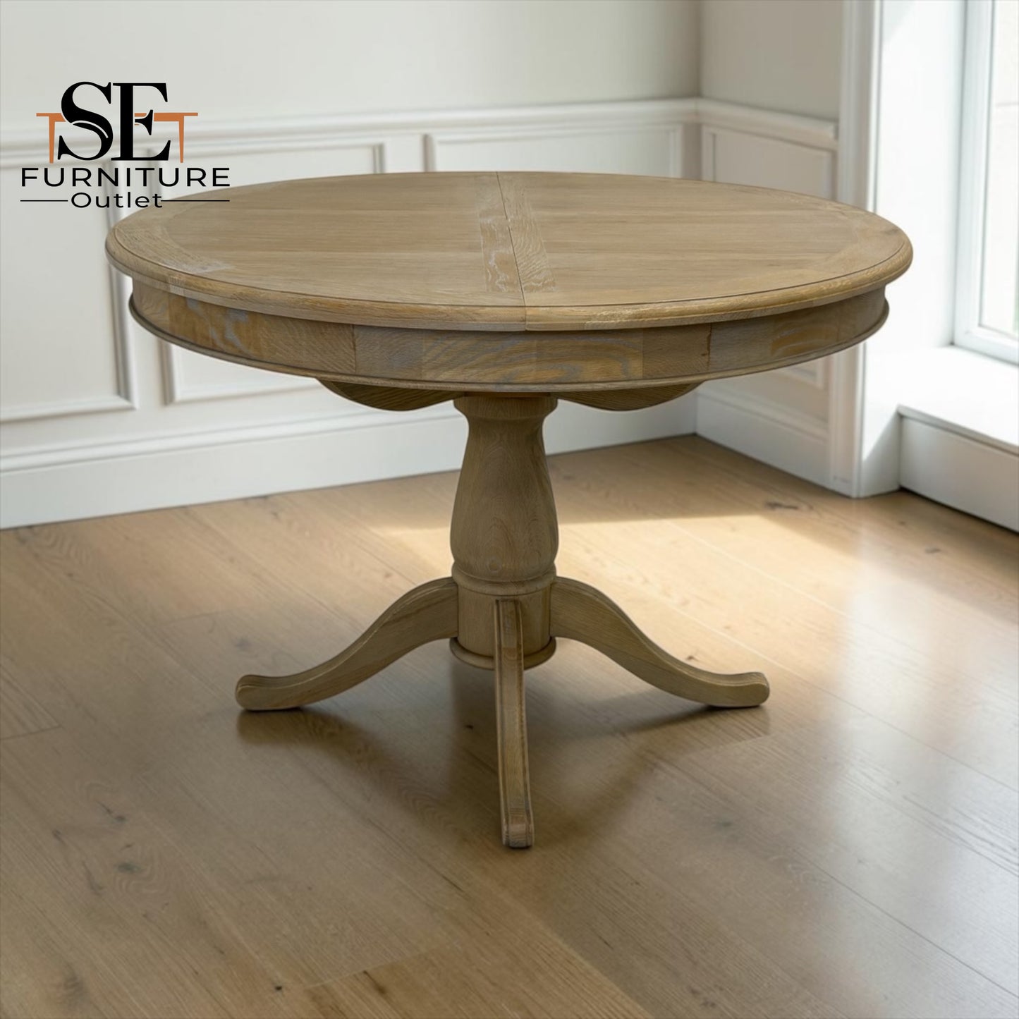 Grey-toned Limewashed Finish Solid Oak and Quality Oak Veneer 4-6 Seater Extending Round Dining Table, Camille Range RRP £1399