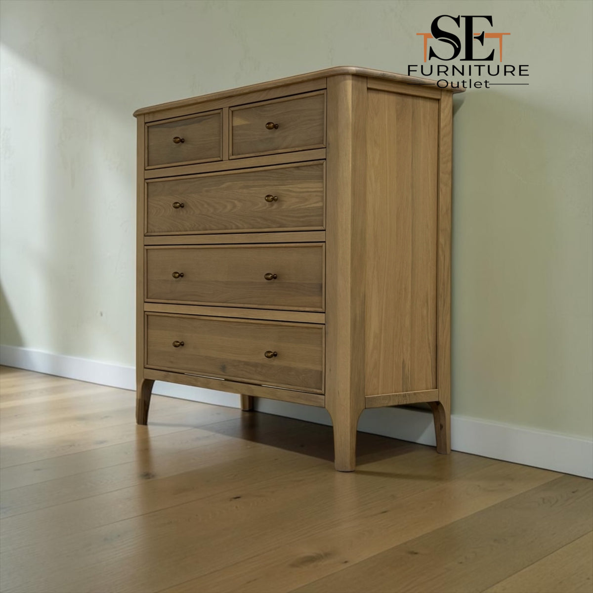 Light Natural Solid Oak 5 Drawer Chest, Newton Range From Oak Furnitureland RRP £679