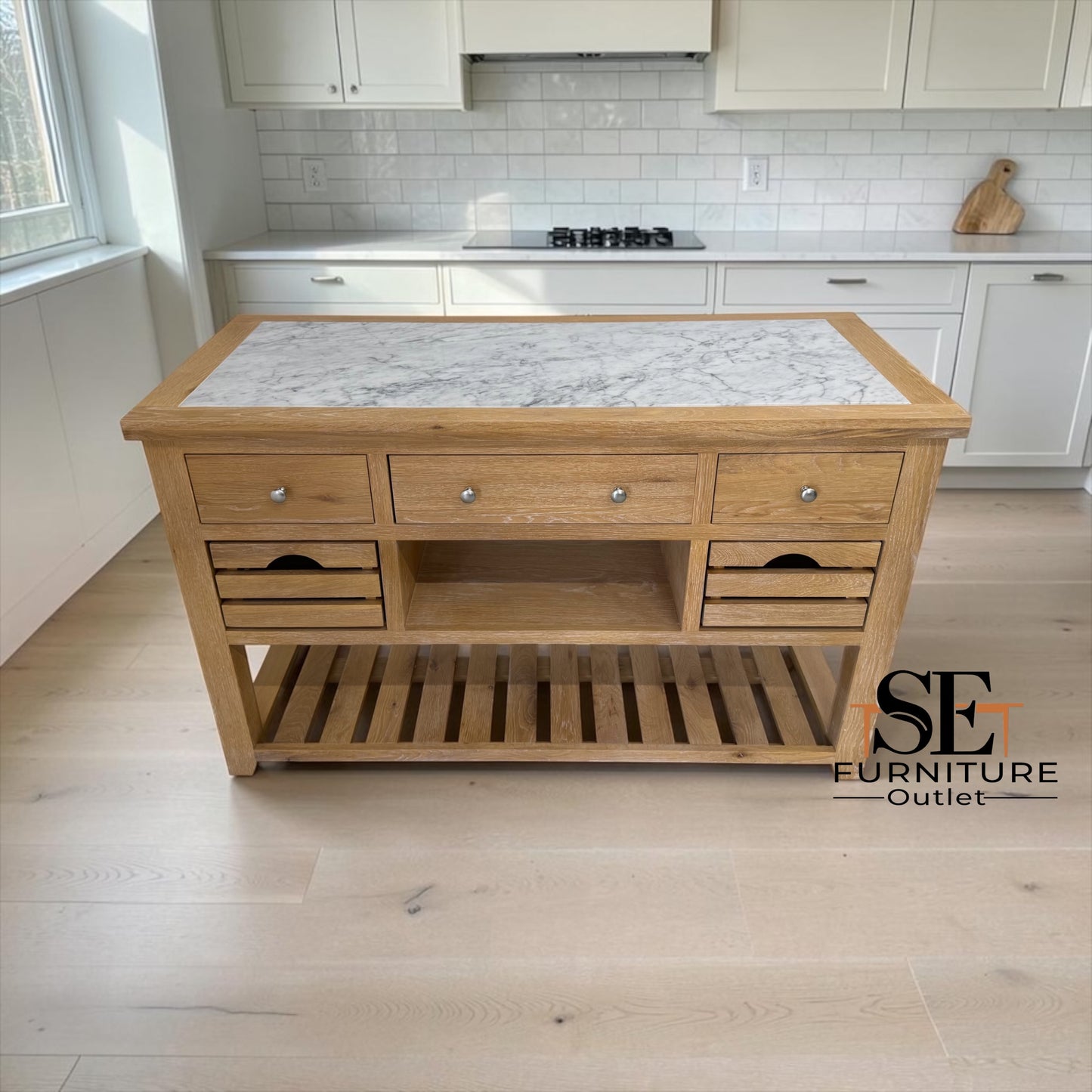 Whitewashed Finish Solid Oak & Oak Veneer Kitchen Island with Marble Top, Inglesham Range RRP £1399