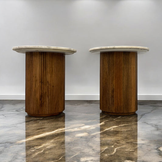 Solid Mango Wood Fluted Base & White Marble Topped Side Tables