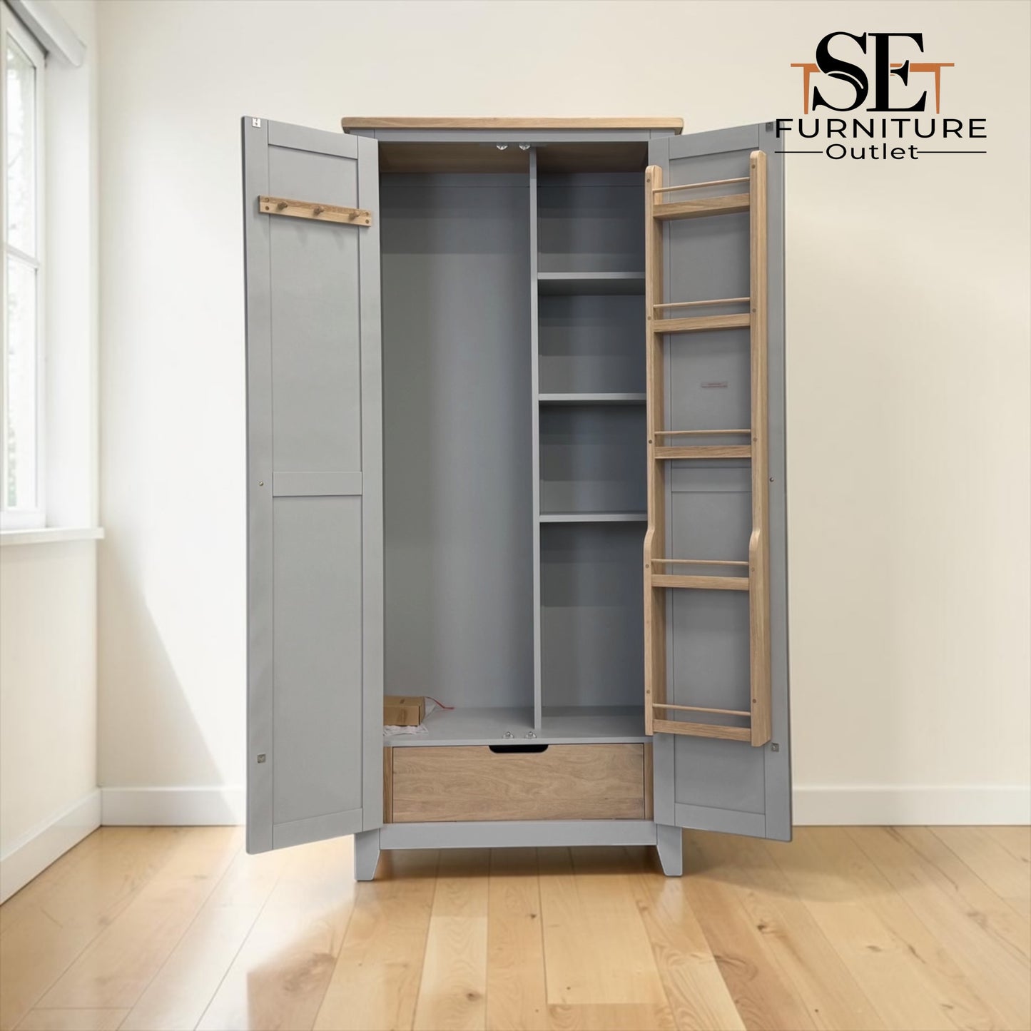 Oak Top & Solid Wood Frames Dove Grey Painted Utility Cupboard RRP £1100