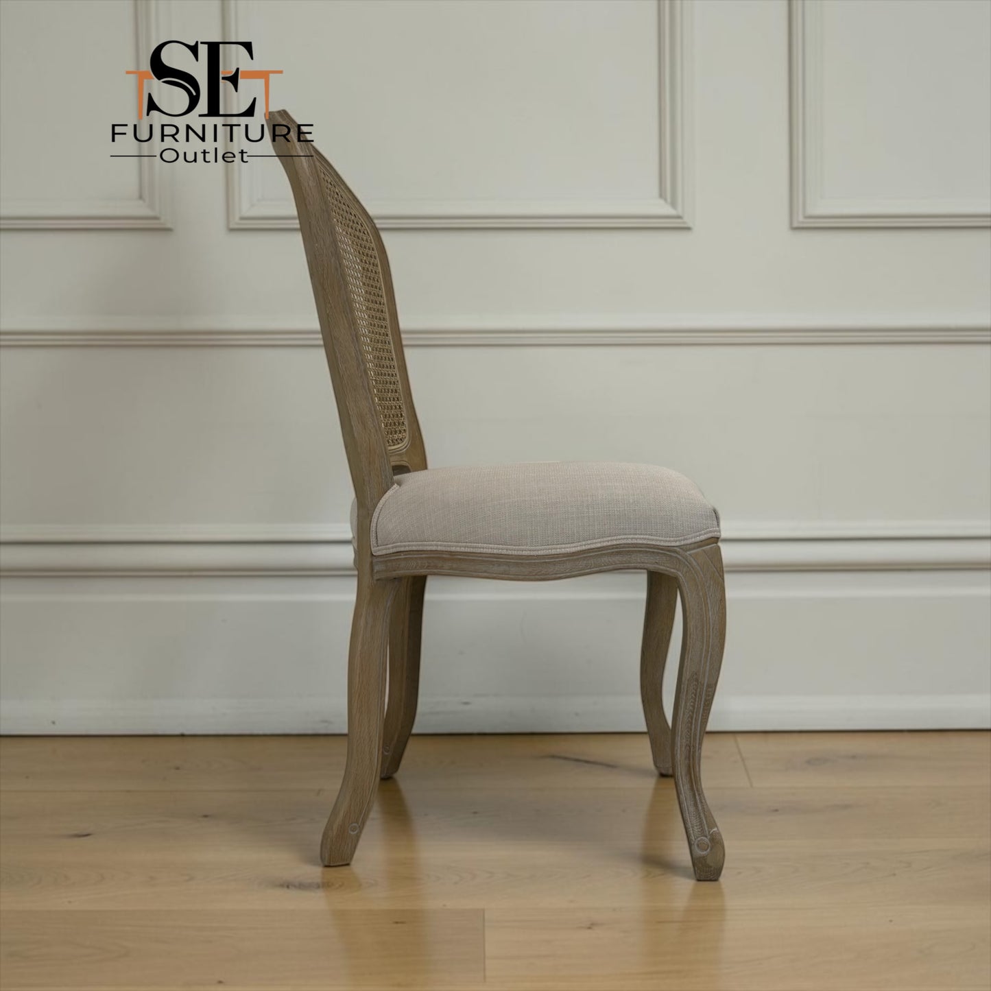 Set of 4 Grey-toned Limewashed Finish Solid Oak Rattan Back Dining Chairs, Camille Range RRP £1196