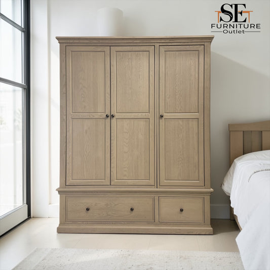 Weathered Oak Triple Wardrobe with Glass Mirror & Shelves, Burleigh Range From Oak Furnitureland RRP £1769