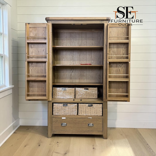 Chunky Smoked Solid Oak Double Larder with Rounded Corners and Storage Baskets, RRP £1299