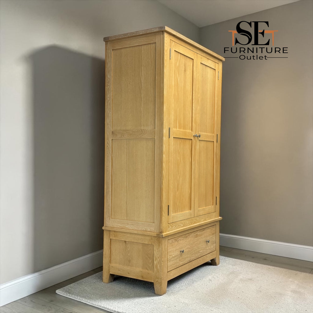Whitewashed Finish Solid Oak & Quality Oak Veneer Double Wardrobe, Inglesham Range, RRP £999