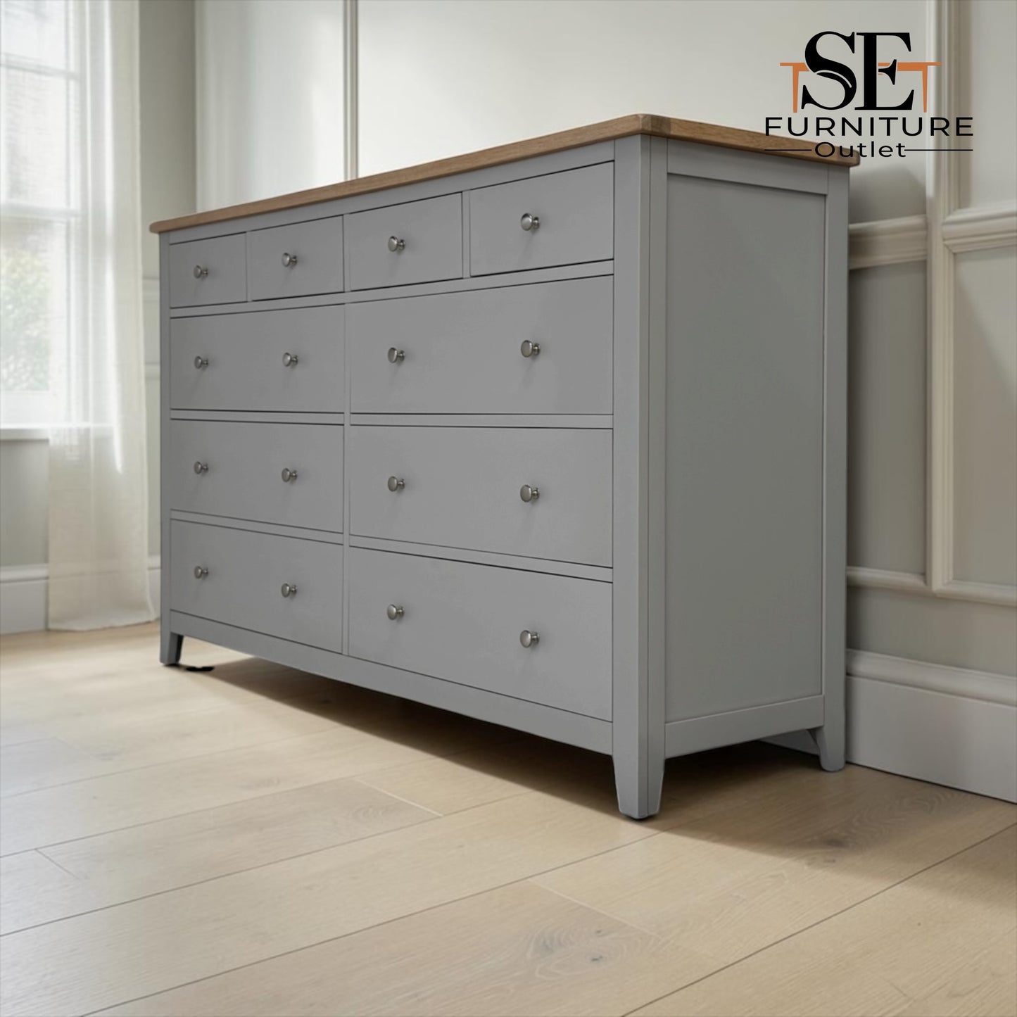 White Wax Finished Oak Top & Solid Wood Frames 10 Drawer Chest, Chester Dove Grey Range RRP £1099