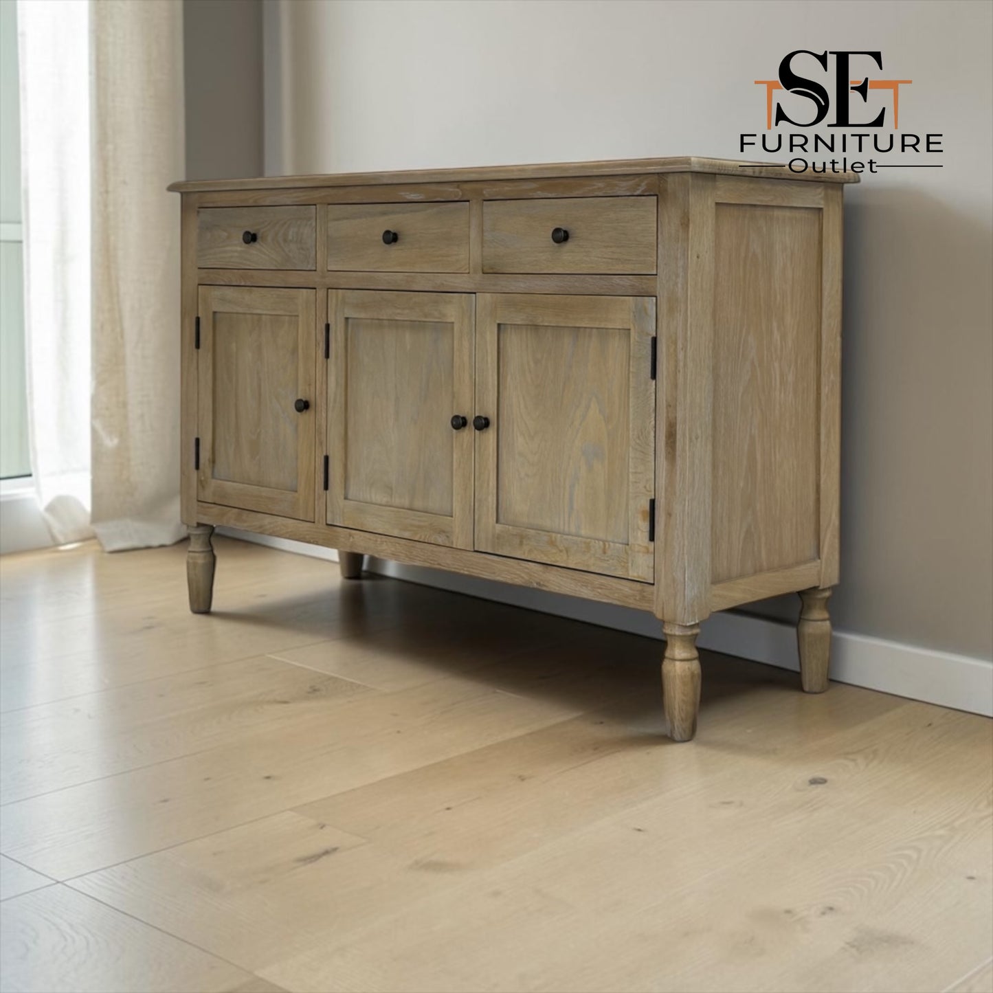 Grey-toned Limewashed Finish Solid Oak & High-Quality Oak Veneer 3 Door Sideboard, Camille Range, RRP £1099