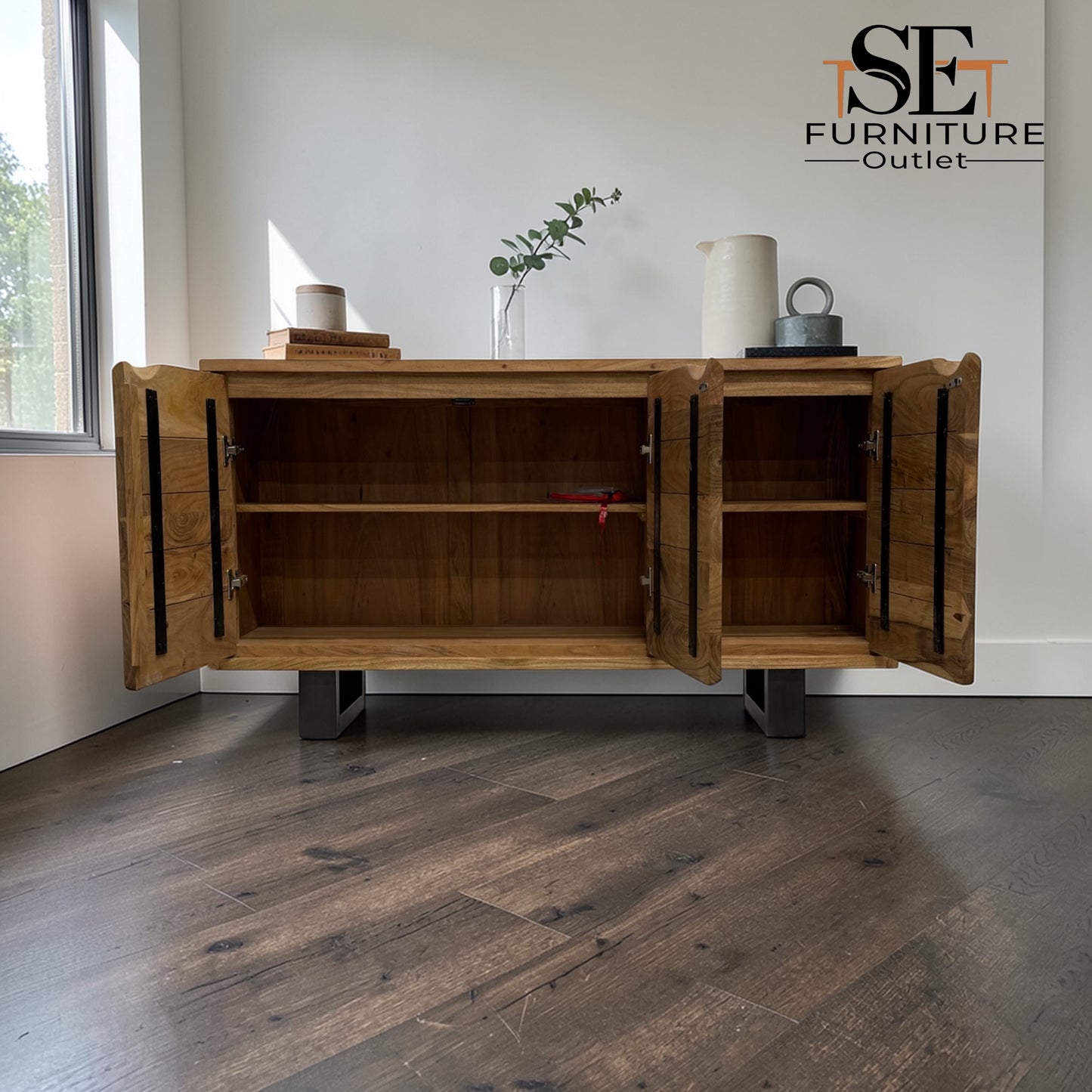 Chunky Solid Acacia Wood Live Edge 3-Door Large Sideboard with Gun Metal Legs RRP £999