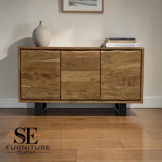 Chunky Solid Acacia Wood Live Edge 3-Door Large Sideboard with Gun Metal Legs RRP £999