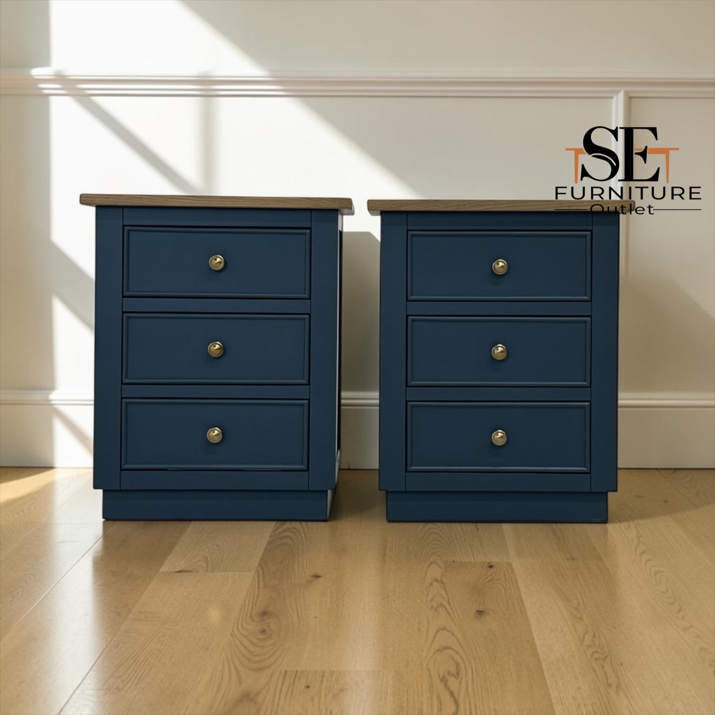 Set of 2 Solid Oak & Ink Blue Painted Bedside Tables, Richmond Range by Oak Furnitureland RRP £598
