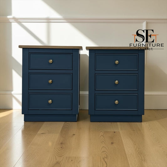Set of 2 Solid Oak & Ink Blue Painted Bedside Tables, Richmond Range by Oak Furnitureland RRP £598