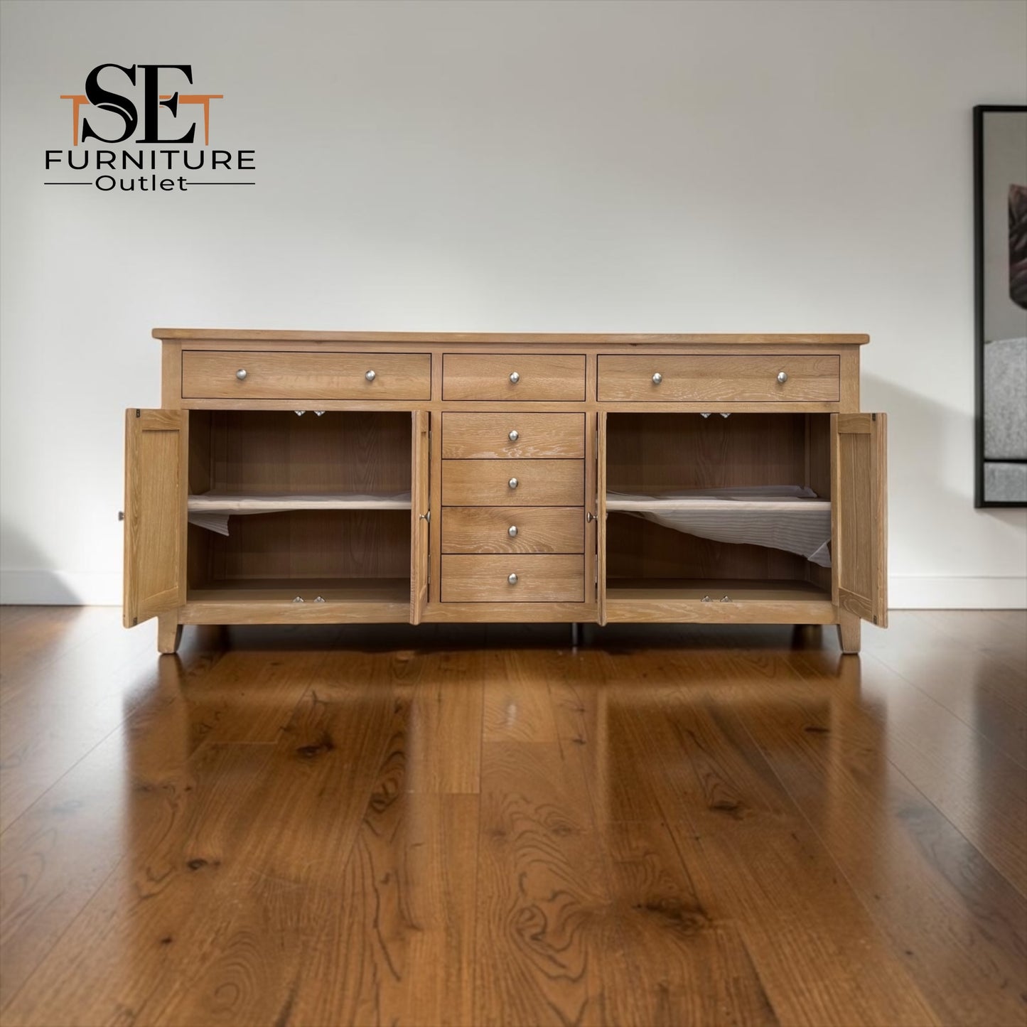 Solid Oak Frames with Oak Veneer Whitewashed Finish Grand Sideboard, Inglesham Range RRP £1200