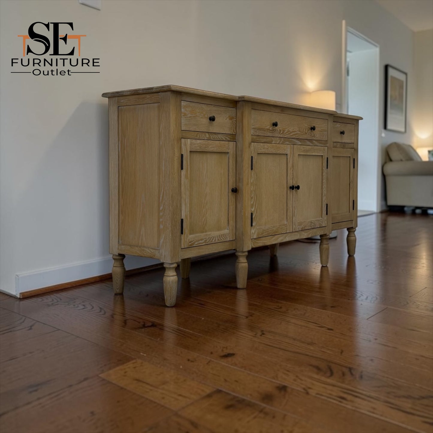 Grey-toned Limewash Finished Solid Oak & High-Quality Oak Veneer Extra Large Sideboard, Camille Range, RRP £1400
