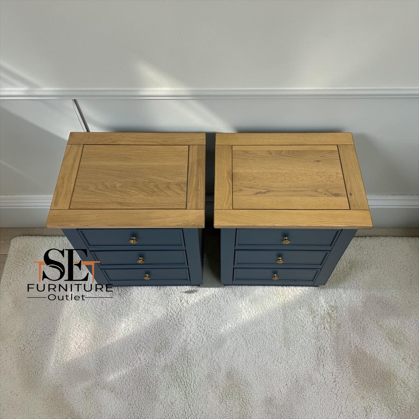 Set of 2 Solid Oak & Ink Blue Painted Bedside Tables, Richmond Range by Oak Furnitureland RRP £598