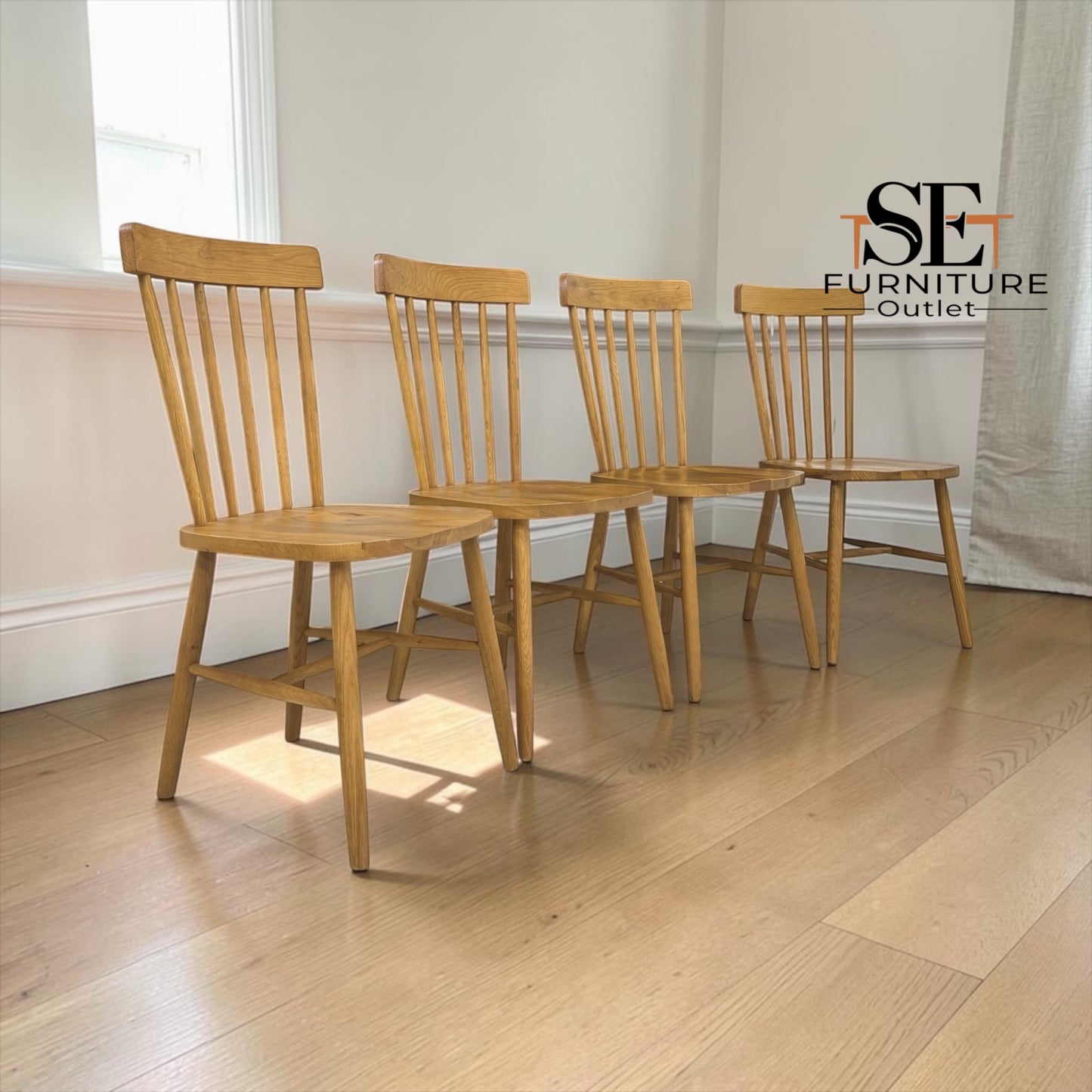Set of 4 Solid Oak & Oak Veneer Spindleback Chairs, Elkstone Mellow Oak Range RRP £700