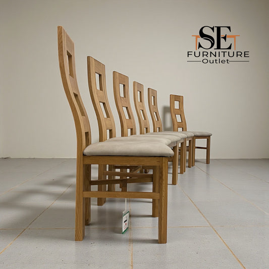Set of 6 Natural Solid Oak Dining Chairs with Dappled Beige Fabric Seat Pads, From Oak Furnitureland RRP £200 Each