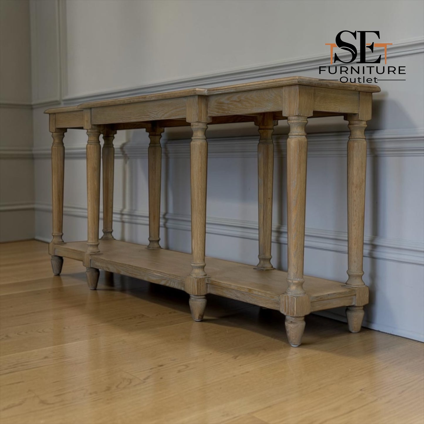 Grey-toned Limewashed Finish Solid Oak & High-Quality Oak Veneer Large Console Table, Camille Range, RRP £899