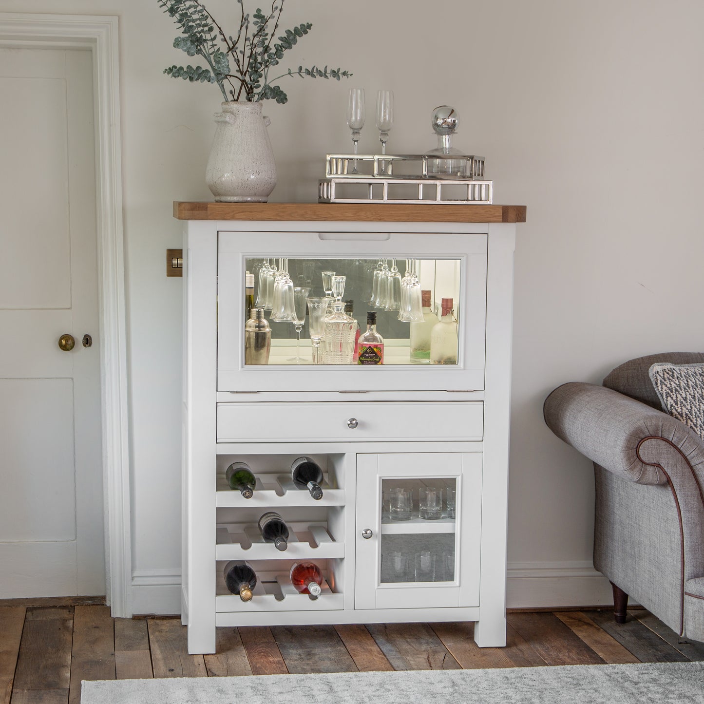 Oak Top & White Painted Drinks Bureau with Wine Rack